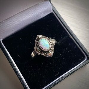 Opal or Opalite and Marcasite Sterling Silver Art Deco Ring Size 7.25